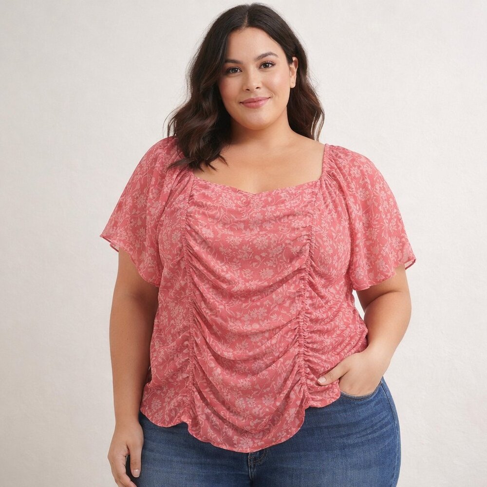 Lush Pink Floral Ruffle Blouse 2X Ruched Front Smocked Back Flutter Sleeve NWOT